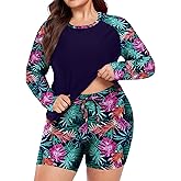 FOREYOND Women's 2 Piece Plus Size Rash Guard Long Sleeve Swimsuits Sun Protection Swim Shirt Bathing Suit with Boyshorts Bottom UPF 50+, Colorful Leaves, 1X