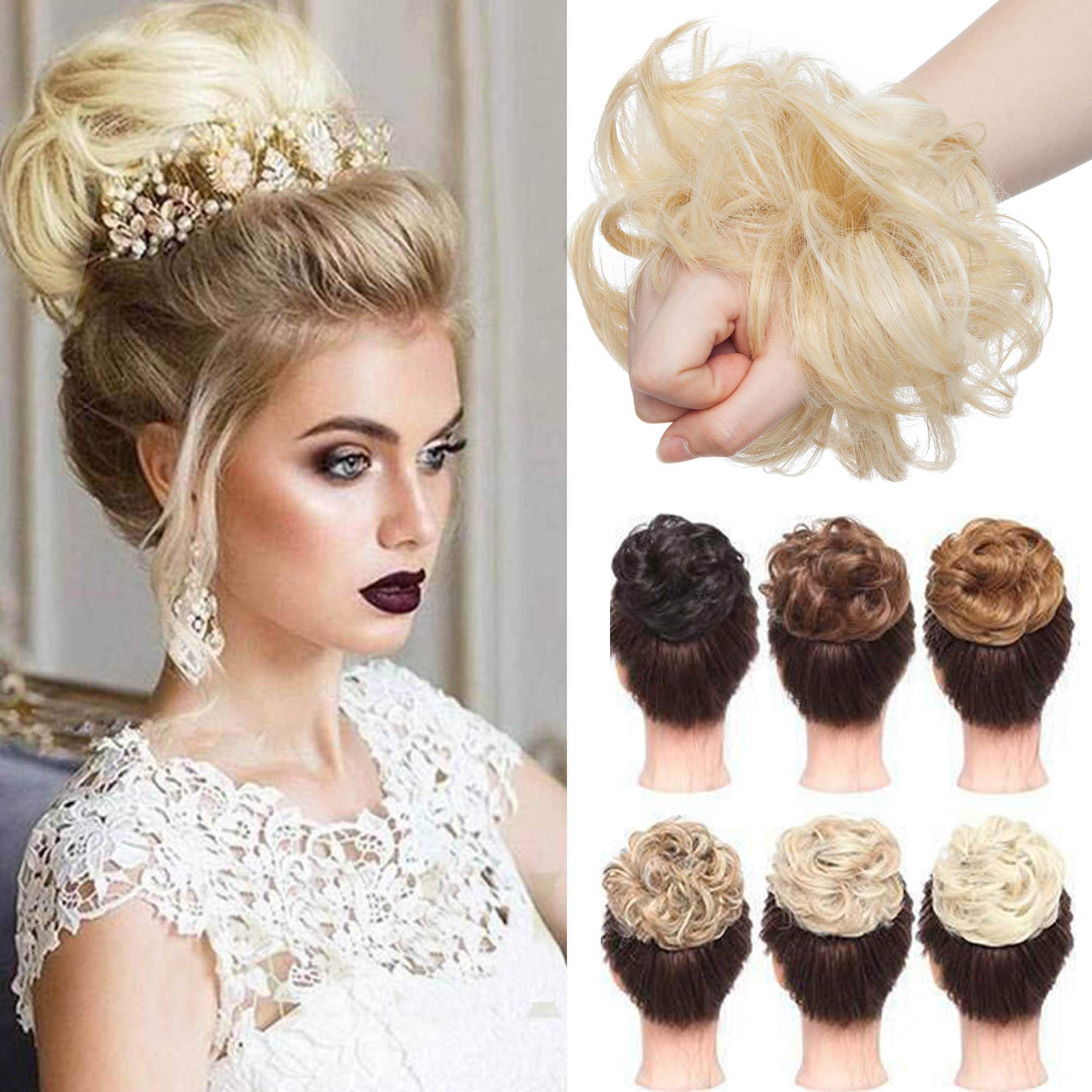 Messy Hair Bun Synthetic Extension Scrunchy Donut Curly Wavy Updo Elastic Scrunchie Thick Full Wedding Hair Pieces Bridal Hairpiece Easy Bun Updos Chignon Golden Blonde Highlight