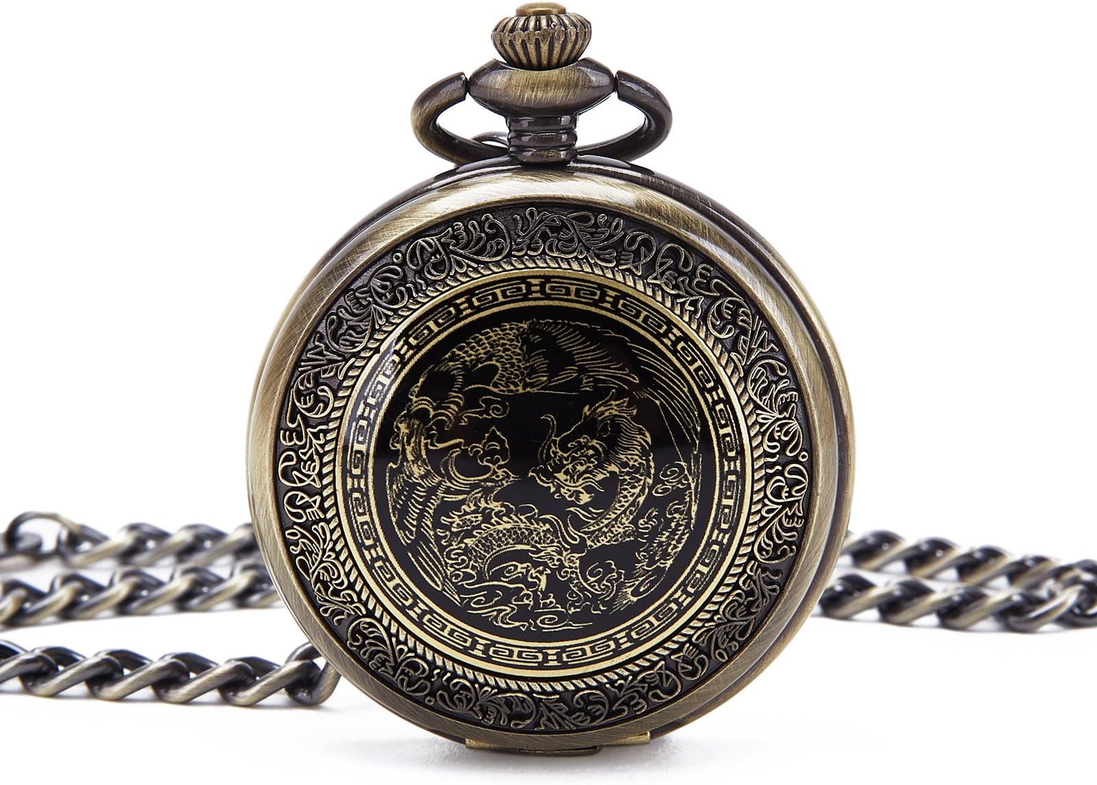 Bronze Mens Dragon & Phoenix Dangle Pendant Pocket Quartz Watch Chain + Box