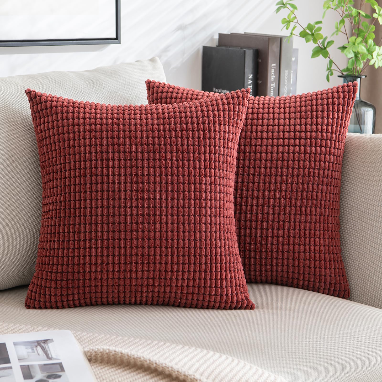 MIULEE Set of 2 Cushion Covers Cushions Decorative Corduroy 18x18 Inches, 45cm x 45cm Striped Solid Square Throw Pillow Cases for Sofa Couch Home Bedroom Wine Red