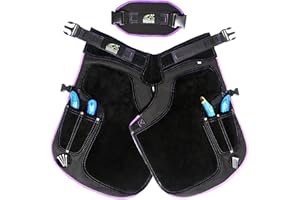 Equine Care Women’s Farrier Apron Chaps 23″ – Leather & Canvas, Adjustable 28–52″ Waist, EVA Padded Knees, Lumbar Support, 4 Knife Pockets & Nail Magnets for Hoof Trimming (Black with Purple Piping)