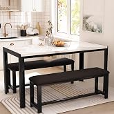 LinkRomat Dining Room Table Set with 2 Benches, Dining Table Set for 4-6, Dinner Table Set for 4, Faux Marble Breakfast Table Set &amp; PU Leather Upholstered Benches for Small Spaces, Apartment, White