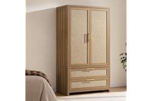 SICOTAS Rattan Armoire Wardrobe Closet Cabinet, 71" Tall Wardrobe Storage Cabinet with 2 Drawers and Hanging Rod, Boho Large-Capacity Deep Armoire Clothes Organizer for Bedroom, Cloak Room, Oak