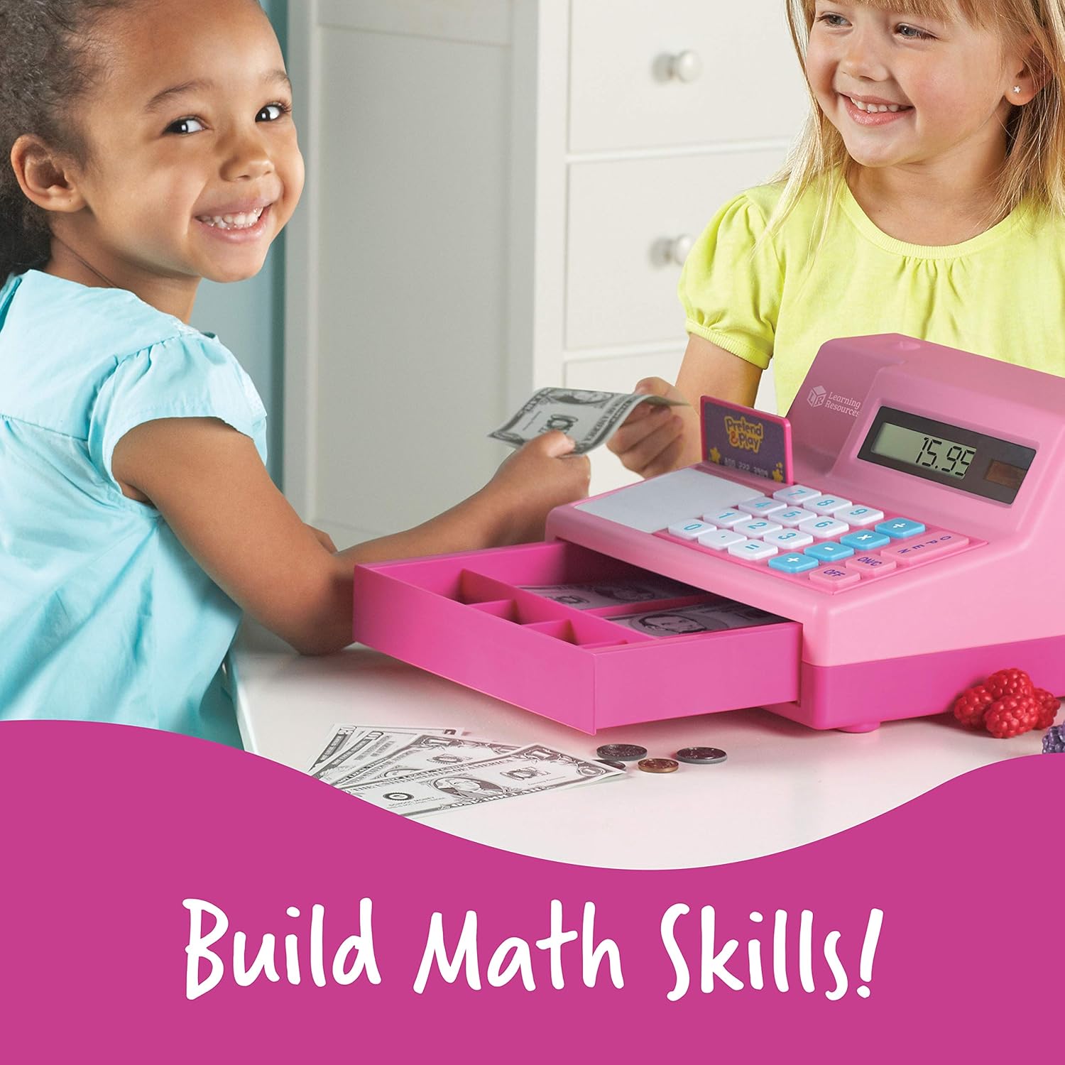 Learning Resources Pretend & Play Calculator Cash Register, Classic Counting Toy, 73 Pieces, Ages 3+, Easter Gifts for Kids, Pink: Toys & Games