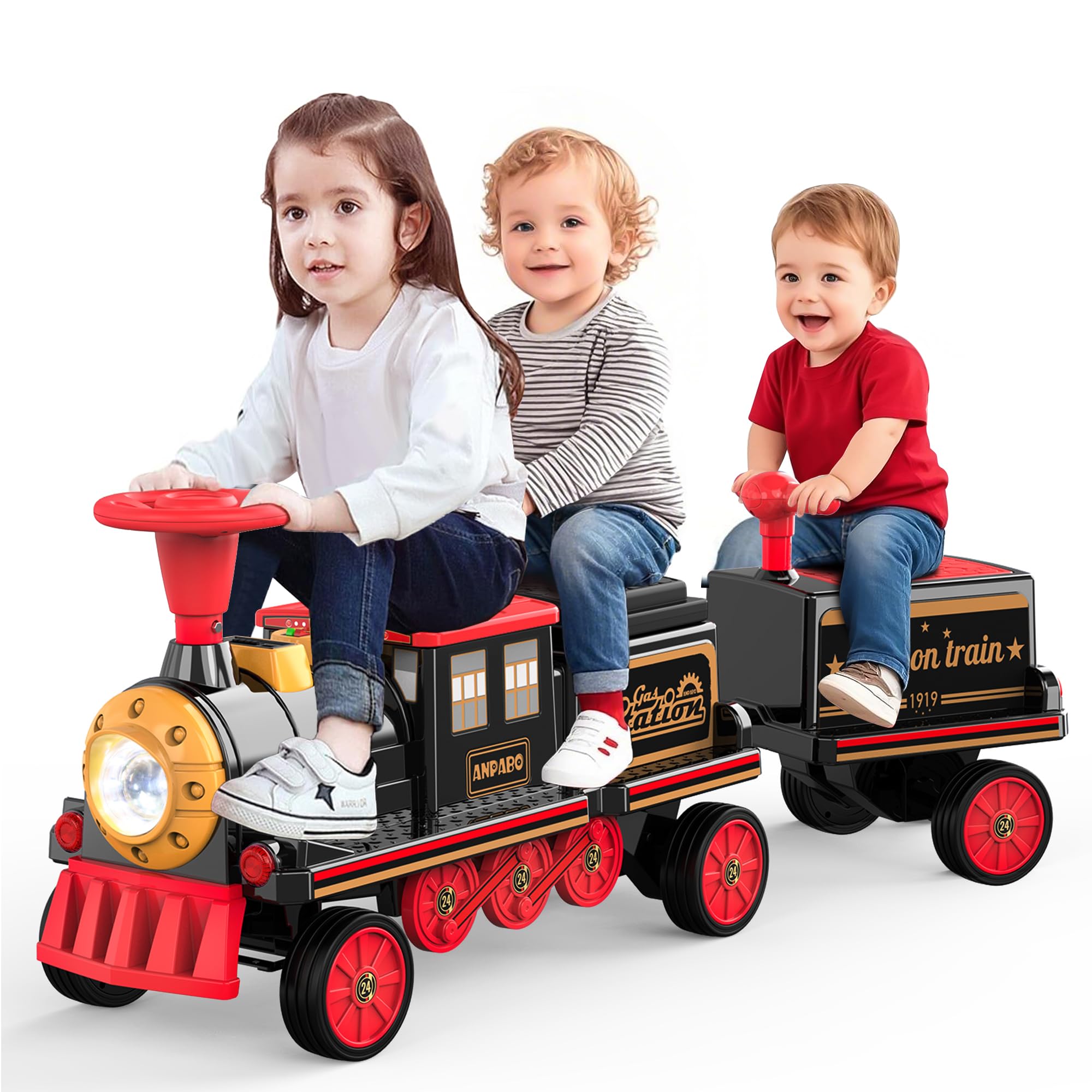 ANPABO Ride On Train Set Trackless, Include 1 Locomotive and 1 Carriage, 12V Kids Car with Height-Adjustable Seat, Extra Storage, Headlight, Train Whistle & Music, Electric Car for Kids 3+, Red