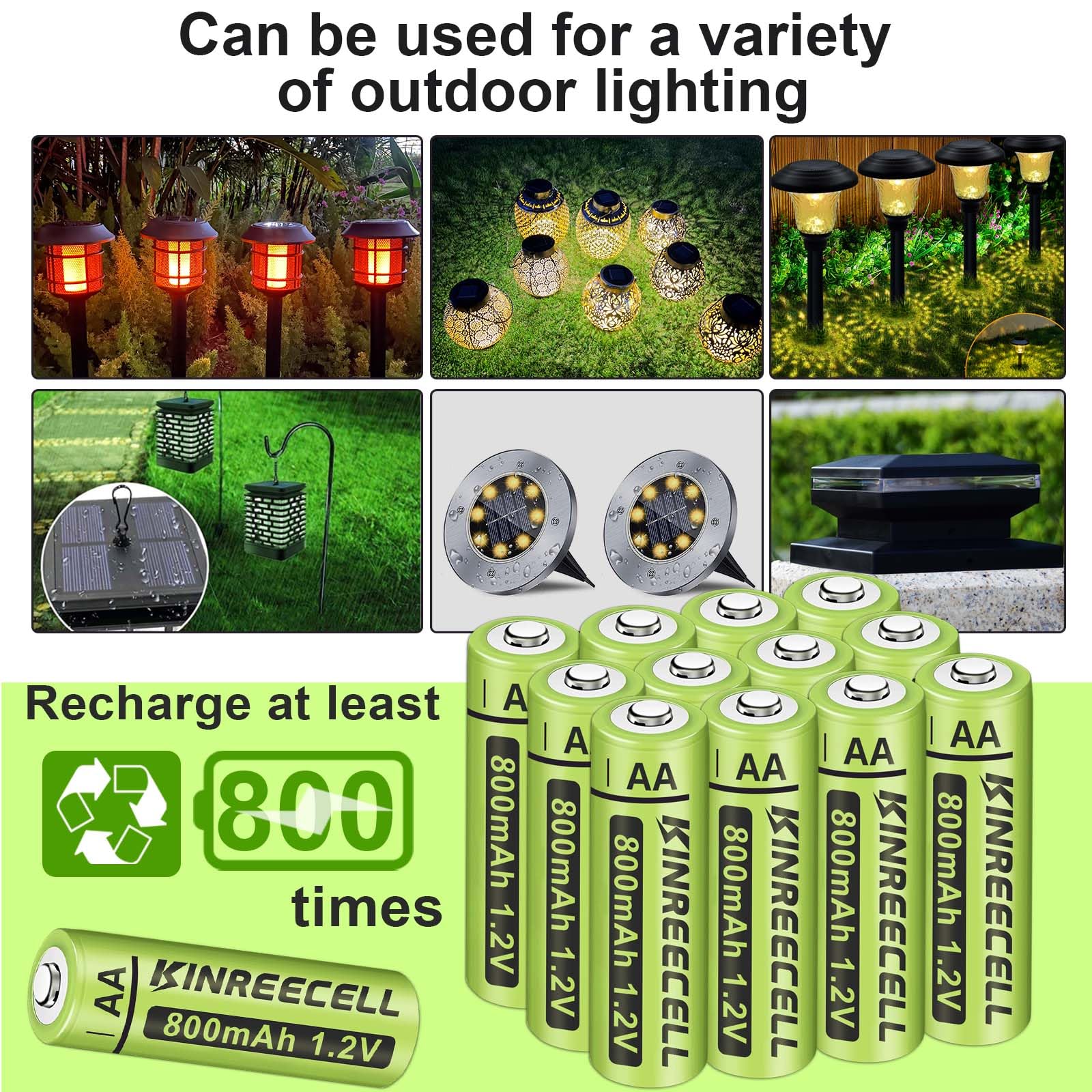 KINREECELL Rechargeable AA Batteries, Ni-MH Double A Solar Batteries High Capacity 1.2V Pre-Charged for Outdoor Solar Lights, String Lights，Pathway Lights(AA-800mAh-12pack)