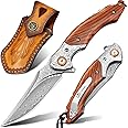 LOTHAR Damascus Pocket Knife for Men, 7.78" VG10 Folding Knife with Retro Leather Sheath and Classical Bolster, EDC Knife Anniversaries, Christmas, Stocking Stuffers for Dad, Elegant Gifts for Men (Red)