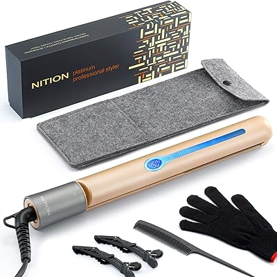 NITION Professional Salon Hair Straightener Argan Oil Tourmaline Ceramic Titanium Straightening Flat Iron for Healthy Styling,LCD 265&deg;F-450&deg;F,2-in-1 Curling Iron for All Hair Type,Gold,1 inch Plate