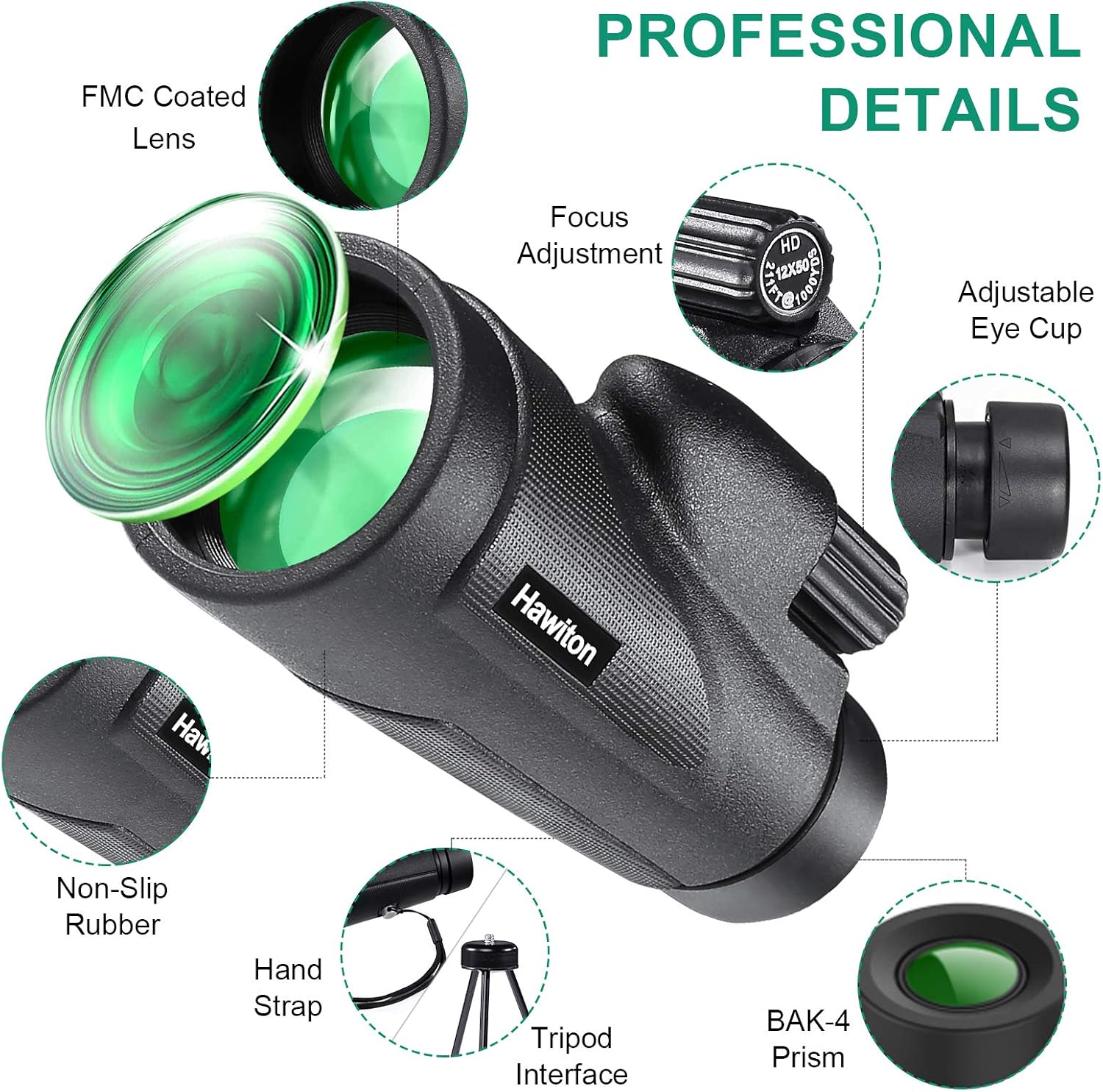Hawiton Monocular Telescope High Power with Smartphone Holder & Tripod- 12X50 HD FMC Lens & BAK4 Prism Dual Focus Optics Zoom, Low-Light Night Vision Waterproof Monocular Binoculars for Bird Watching: Home Audio & Theater