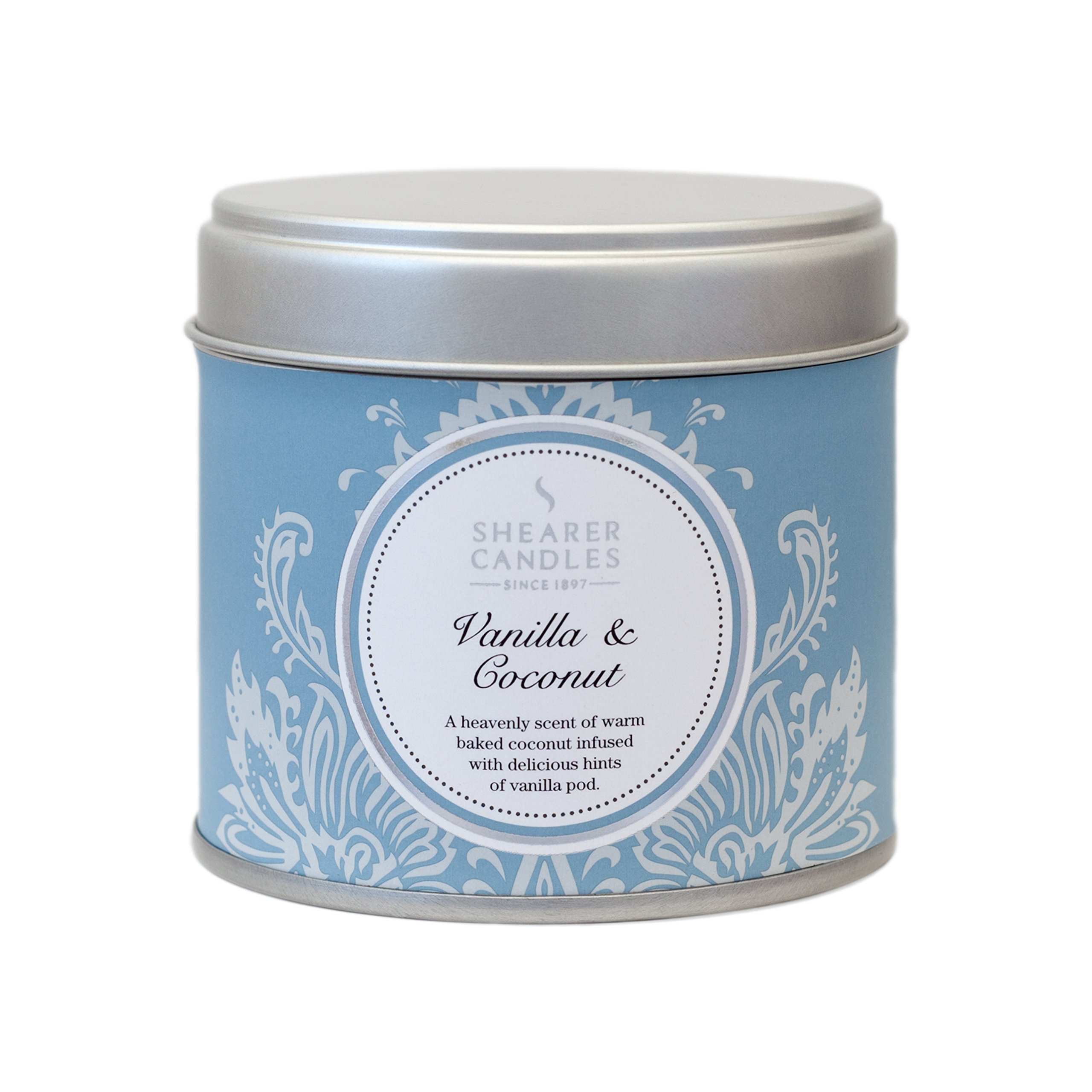 Shearer Candles Vanilla and Coconut Large Scented Silver Tin Candle - White