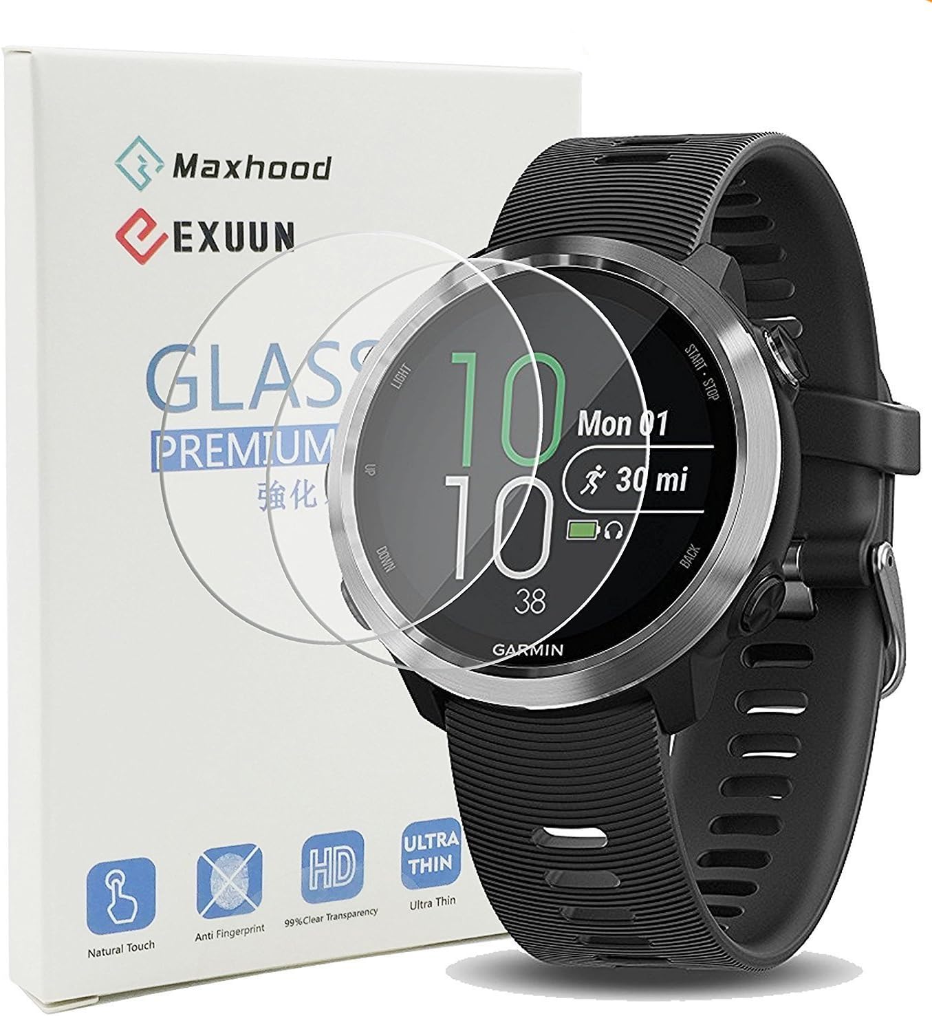 Maxhood for Garmin Forerunner 645/645 Music Screen Protector, (2-pack) 9H Premium Real 2.5 D Round Edge Anti Scratch Tempered Glass Screen Protector for Garmin Forerunner 645/645 Music Smartwatch
