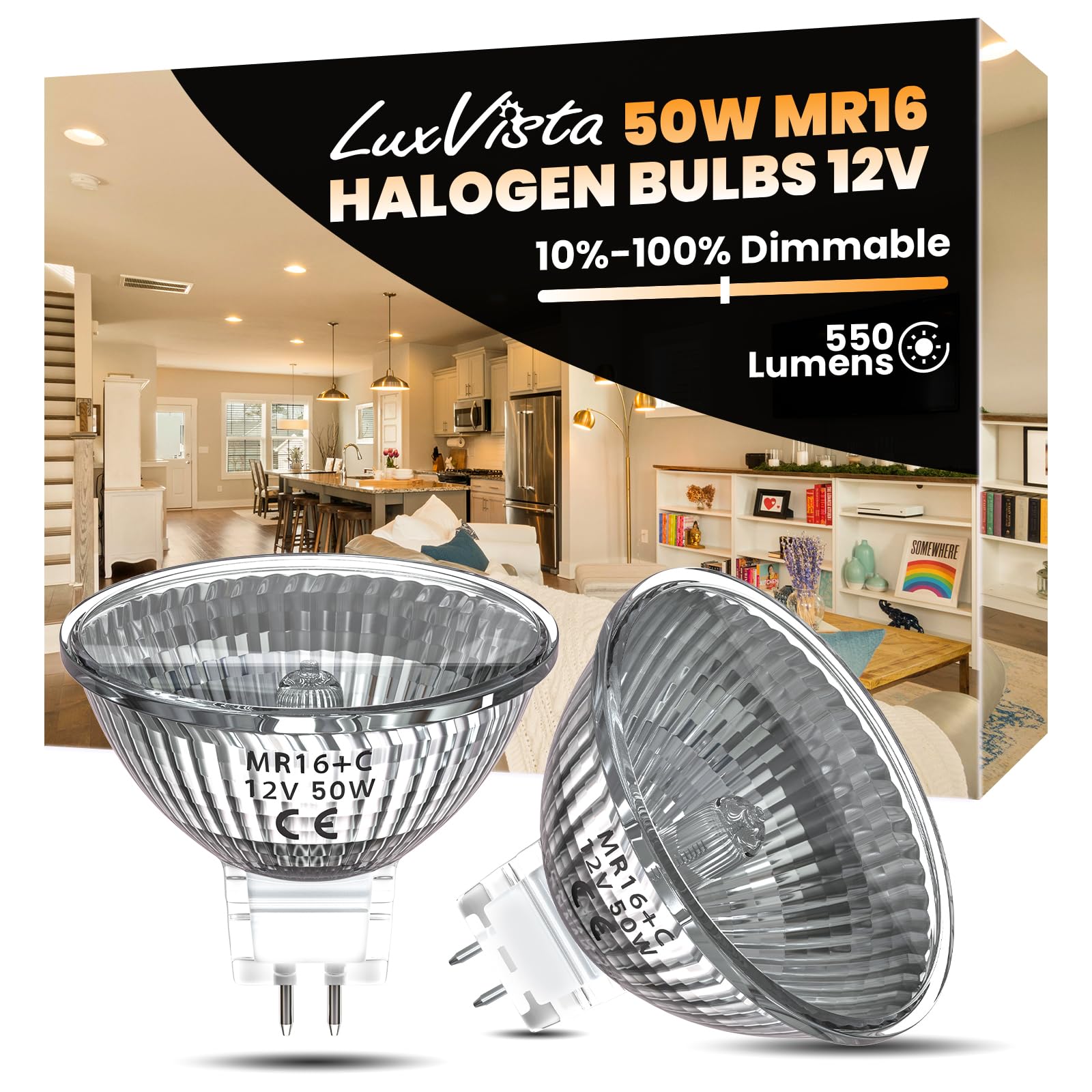 Luxvista MR16 Light Bulbs, 12V GU5.3 Spotlight Bulb Dimmable, 2 Pin Base MR16 Spot Light Bulb Warm White 2800K for Landscape Recessed Track Light, 2-Pack