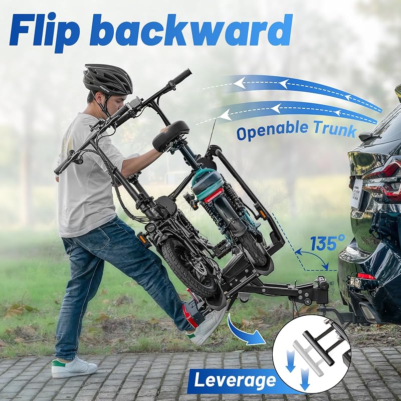 E-Bike Fahrradträger mit Klappbarer Rampe – Aluminium Heckträger für 2 Fahrräder bis 60 kg mit Rücklicht Diebstahlsicherung & Nummernschildhalter max 26x4.0 Reifen