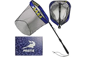 Pristis Floating Lightweight Fishing Net with Telescopic Pole Handle, Rubber Coat Landing Net Freshwater Saltwater, 39'' Fold