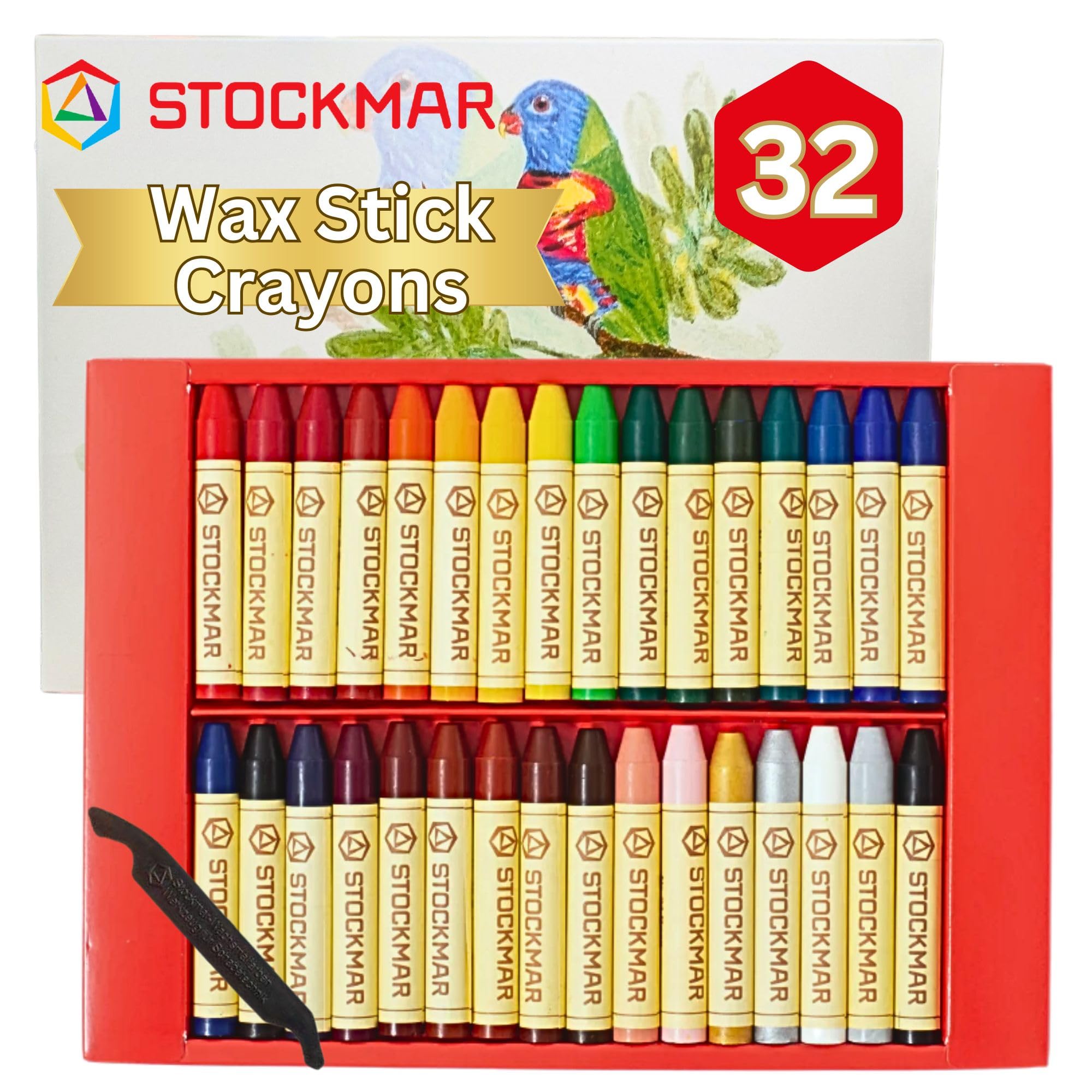 Photo 1 of STOCKMAR Natural Beeswax Crayons for Kids Art Supplies at Home, School, Waldorf Classroom: Safe, Non Toxic Crayons for Toddlers, Children, Adults of All Ages - 32 Sticks with Scraper in a Sliding Box