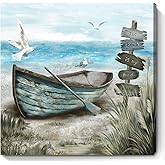 Bathroom Wall Art Coastal Décor Nautical Boat on Beach Canvas Picture Ocean Seagull Seascape Canvas Print Sea Bird Farmhouse Artwork for Seashore Bedroom Living Room Small Square Blue Teal 14x14
