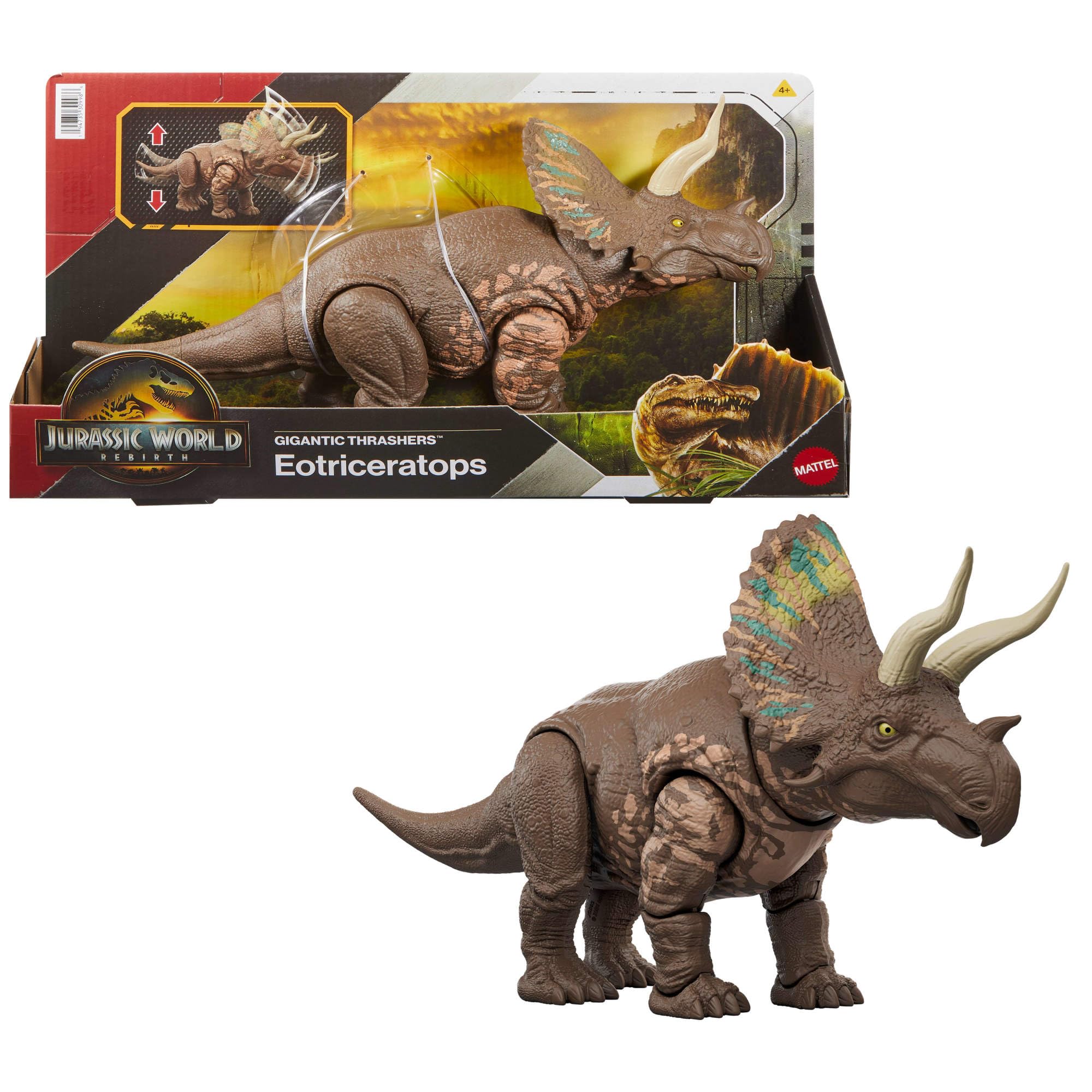 Mattel Jurassic World Rebirth Gigantic Thrashers Eotriceratops Dinosaur Figure Toy, Large Species, 2 Tail Activated Rampage Attacks, Digital Playβ, JGB93