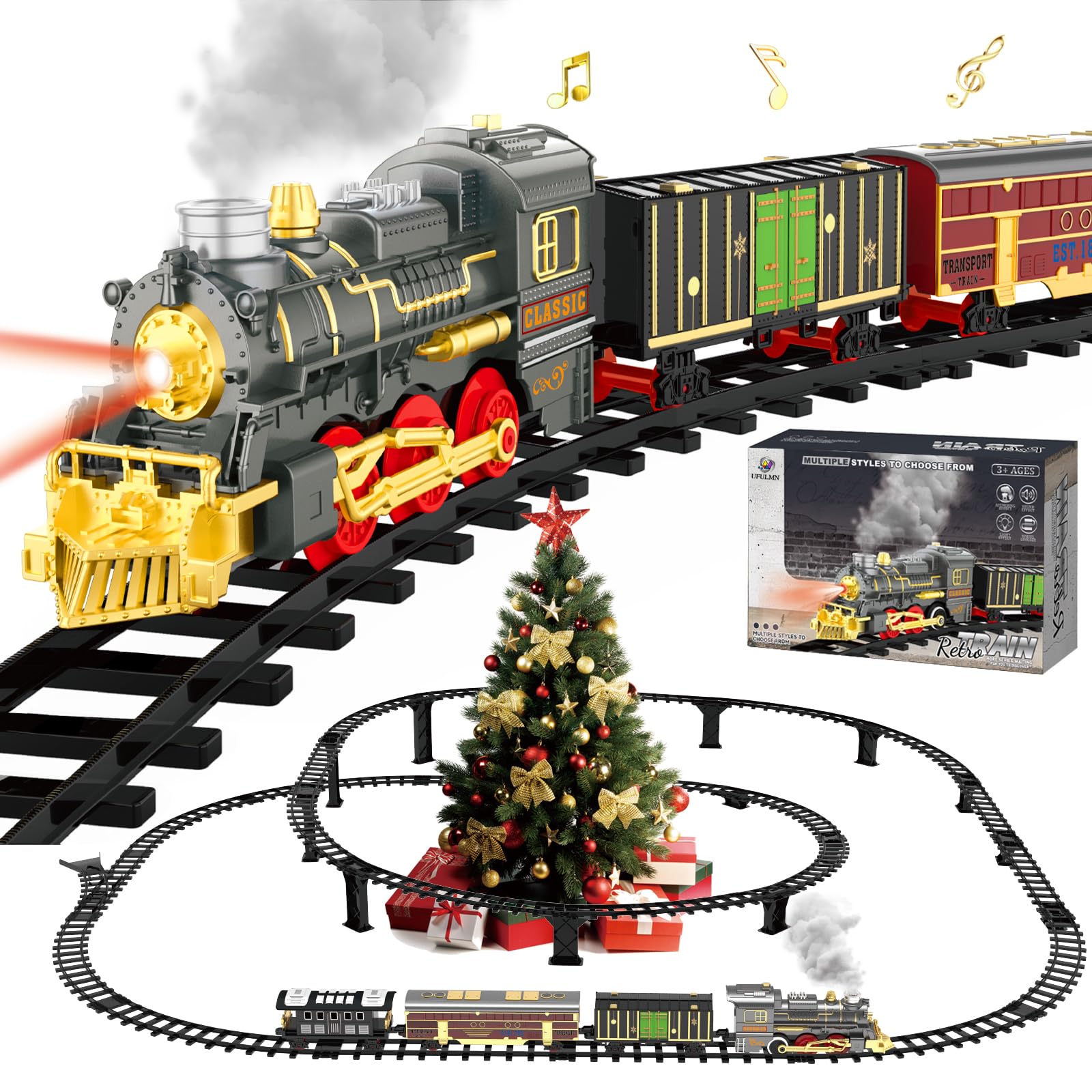 Electric Train Sets for Kids Christmas Train Toys Steam Locomotive Passenger Carriages Deluxe 2-Layer Track with Lights & Sounds(ON/Silent/OFF) Rechargeable Birthday Gifts for Boys Girls
