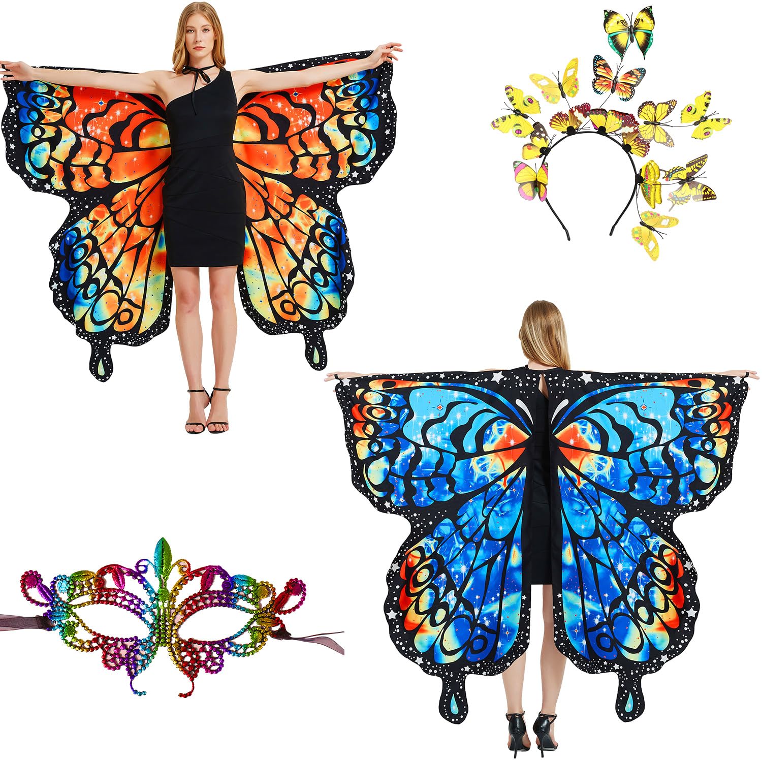 LYL. Ling Halloween Costumes Adult Women，Double-Sided Butterfly Wings Adults，Monarch Butterfly Costume for Women，3PCS Fairy Wings Set.