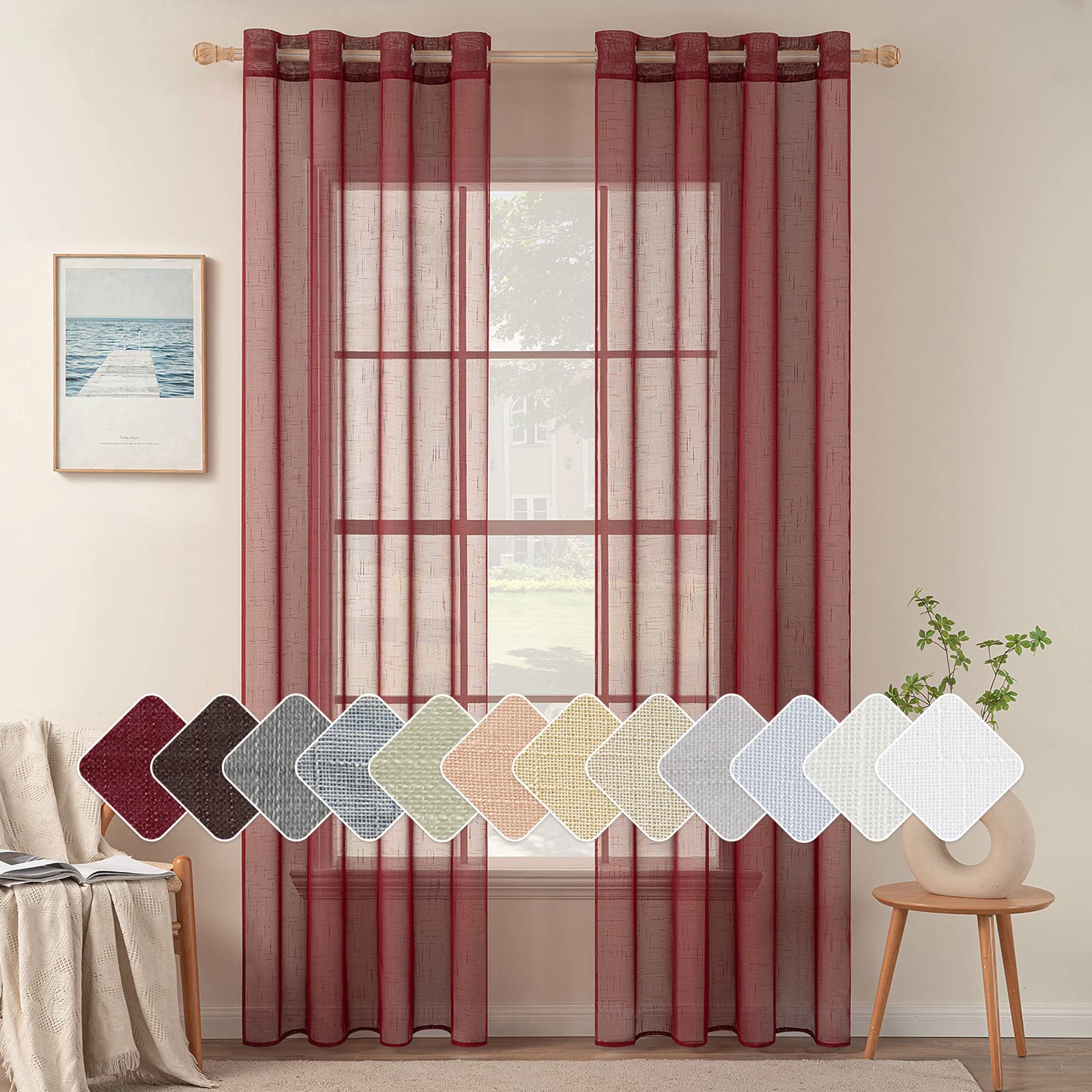 MIULEE 2 Panels Voile Curtains Sheer Cross Linen-like Solid Color Contemporary Decorative Ring Top Eyelet Panels for Bedroom Livingroom Nursery Room 55" Wx96 L Red — image 1