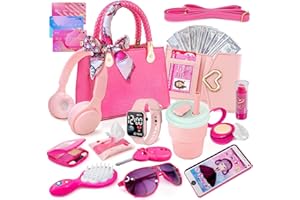 Little Girl Purse with Pretend Makeup for Toddlers, Kids Play Purse Set - Includes Handbag, Pretend Play Headset, Wallet, Pho