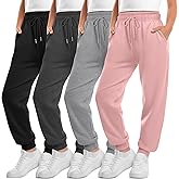 LessonZoo 4 Pack Joggers for Girls Kids Sweatpants Drawstring Elastic Double Waisted Casual Athletic Pants with Pockets(Black, Dark Gray, Gray, Pink,11-12 Years)