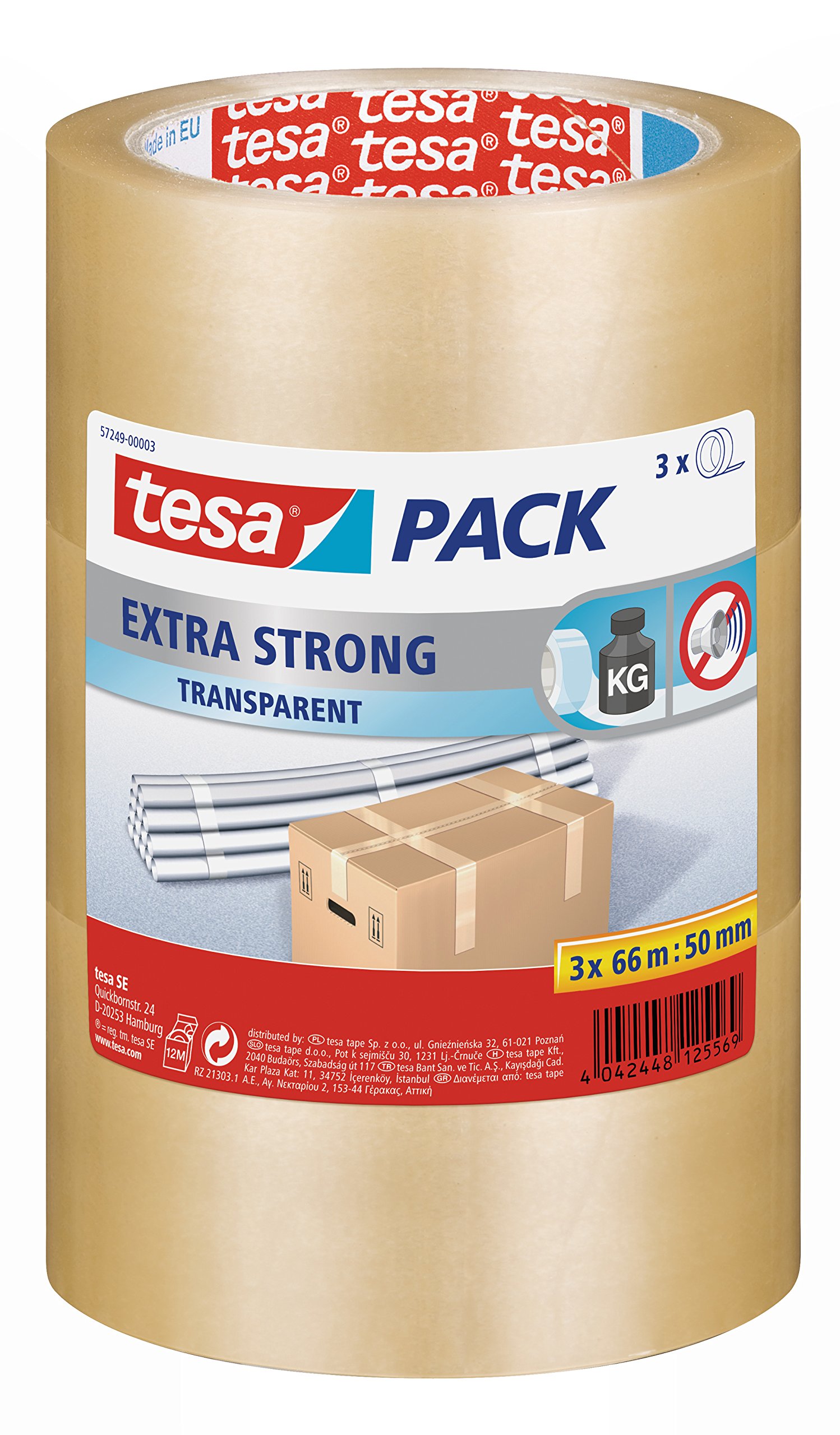 tesa 57249-00003-01 Extra Strong PVC Packing Tape for Packing Heavy Parcels and Boxes, Clear, 3 Pack, 66 m x 50 mm