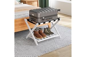Smuxee Fully Assembled White Luggage Rack, Upgraded Bamboo Foldable Suitcase Stand with 5 Nylon Straps, Luggage Holder with Shelf for Guest Room Bedroom Hotel (White Luggage Rack 1pcs)