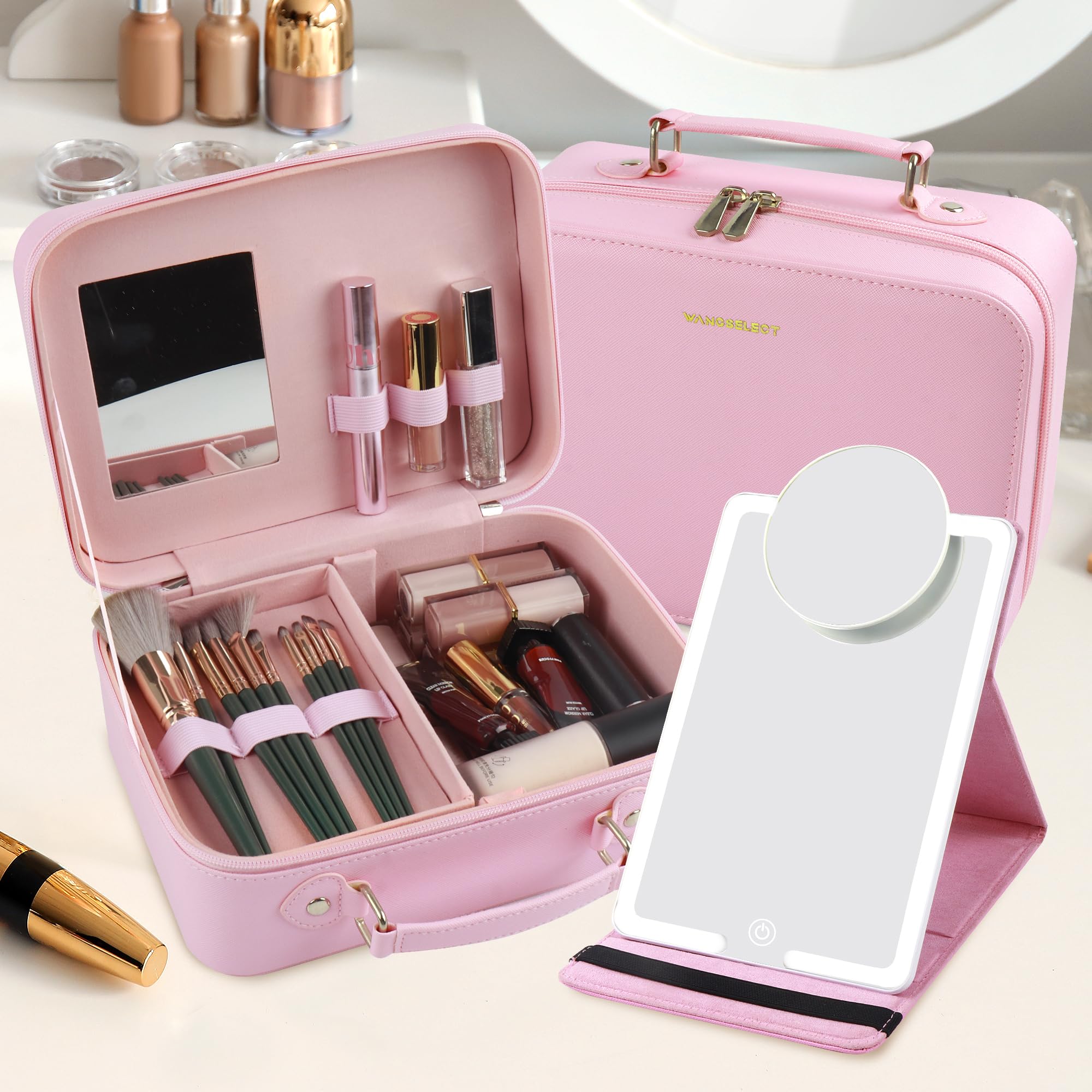 WangSelect Travel Makeup Bag with Light Up Mirror Makeup Organizer Box Travel Train Case Portable Campct Mirror Cosmetic Bag for Women (Pink)