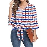 VIISHOW Women's Button V Neck Chiffon Tops 3/4 Bell Sleeve Tie Knot Casual Blouses Loose Summer Shirts