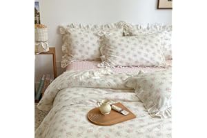 mixinni Pink Floral Duvet Cover Set Full Size - 100% Cotton Ruffle Lace Bedding Set for Girls, Romantic Cottagecore Style Duvet Cover with Zipper Closure, Soft Aesthetic Princess Bedding-Full