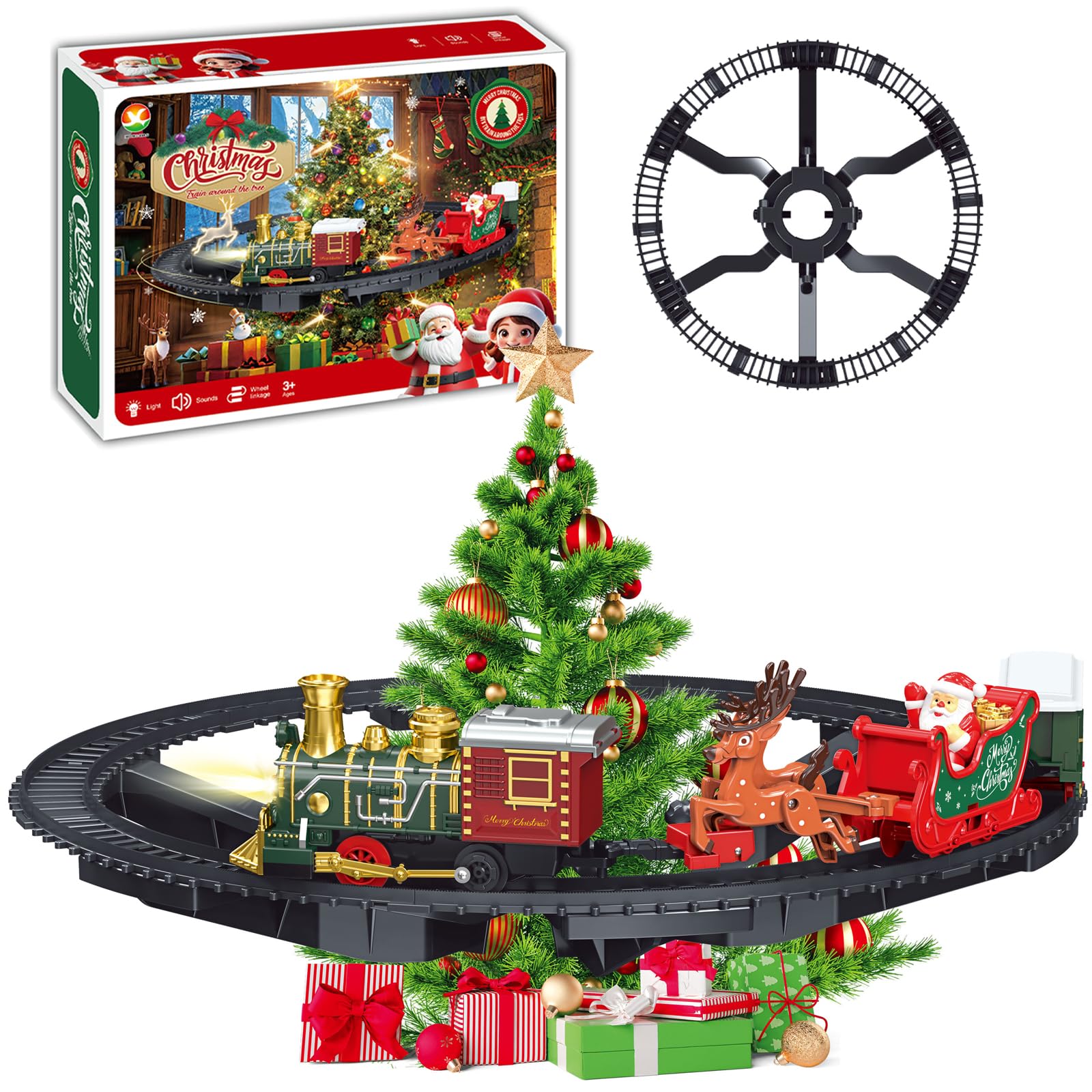 Hanging Christmas Train Set with lights and sound, hanging Christmas tree decorations, equipped with locomotives, carriages, sleds, and tracks, suitable for children as