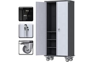 Reemoon Metal Garage Storage Cabinet with Wheels and Pegboard, 71" H Rolling Tool Storage Cabinet with Shelves and Lockable Doors for Garage Home Office Utility Room,Required Assembly