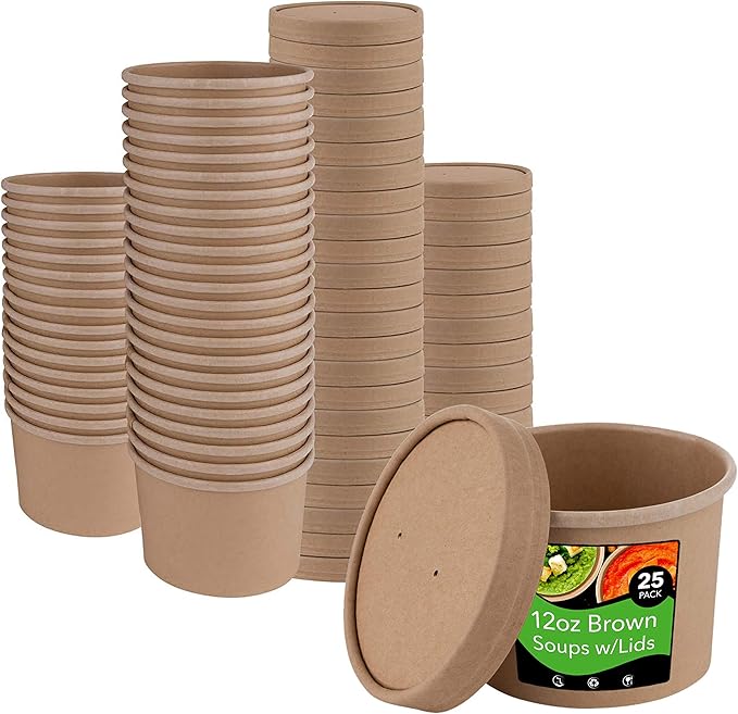 Stock Your Home Disposable Paper Soup Cups with Lids Kraft Brown 12
