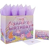 wishinside 13” Large Axolotl Happy Birthday Gift Bag Set with Handles, Greeting Card, Purple Tissue Papers and Stickers for Girls Kids Women Teens, Ocean-themed Design, 1 Pcs