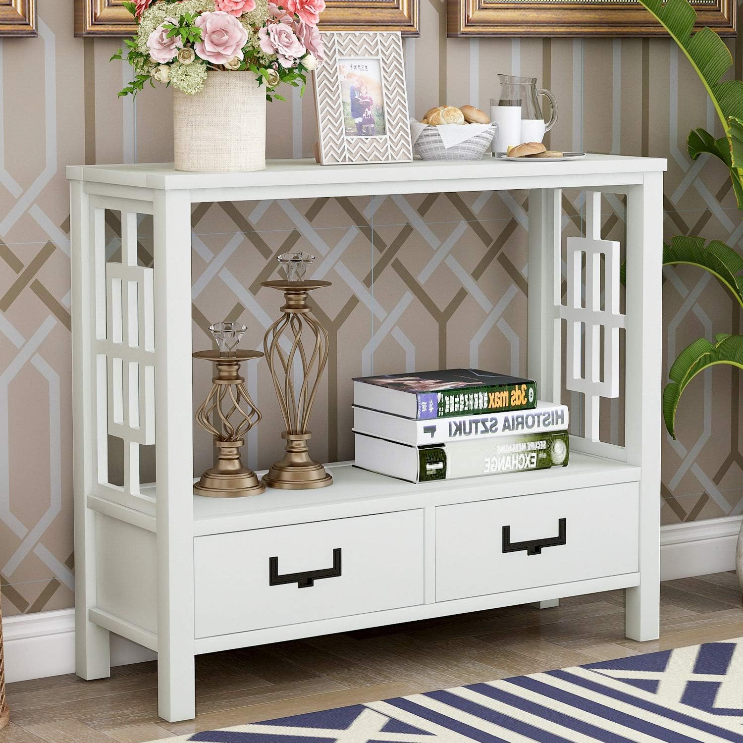 P PURLOVE Sofa Table Console Table for Entryway Wood Table with 2 Storage Drawers for Living Room Hallway Bedroom (White)