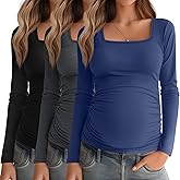 Baggyfly 3 Pack Women's Maternity Shirts Long Sleeve Side Ruched Pregnancy Tops Square Neck Basic Tunic Knit Mama Clothes