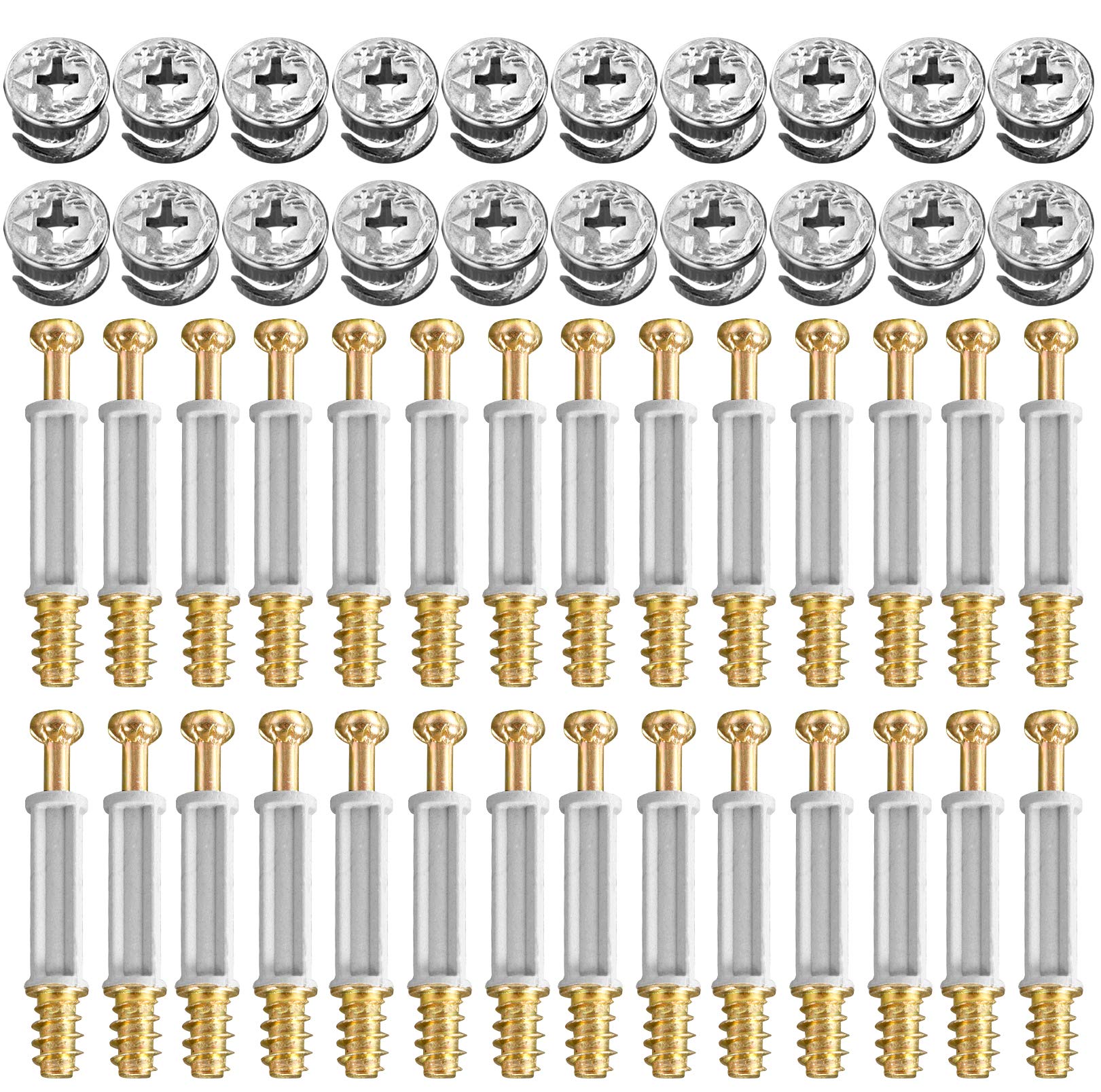 50 Sets Furniture Hardware Fixing Screws Set Eccentric Cam Furniture Cabinet Locking Connector Pre-Inserted Nut with Bolts Fixing Dowels for Splicing Wardrobe Table Drawer Closet Bed Cupboard