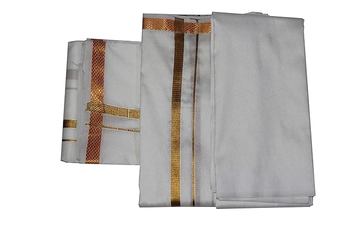 Mens Wedding Silk Dhoti with SHALYA and Shirt Piece Cream (Half White)
