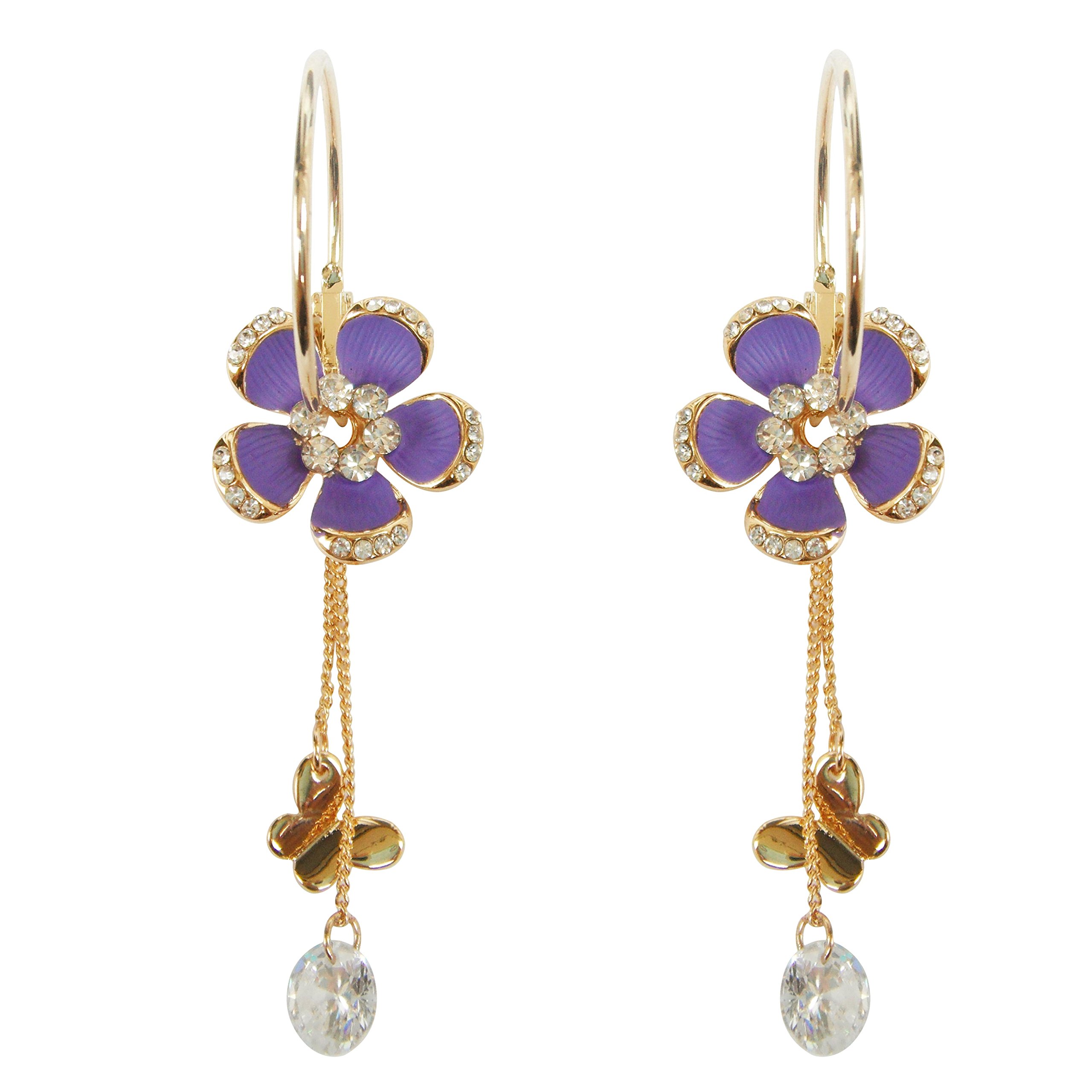 Navachi 18k Gold Plated Purple Enamel Flower Crystal Chain Clear Zircon Az2904e Hoop Earrings(dia. 2.5cm)