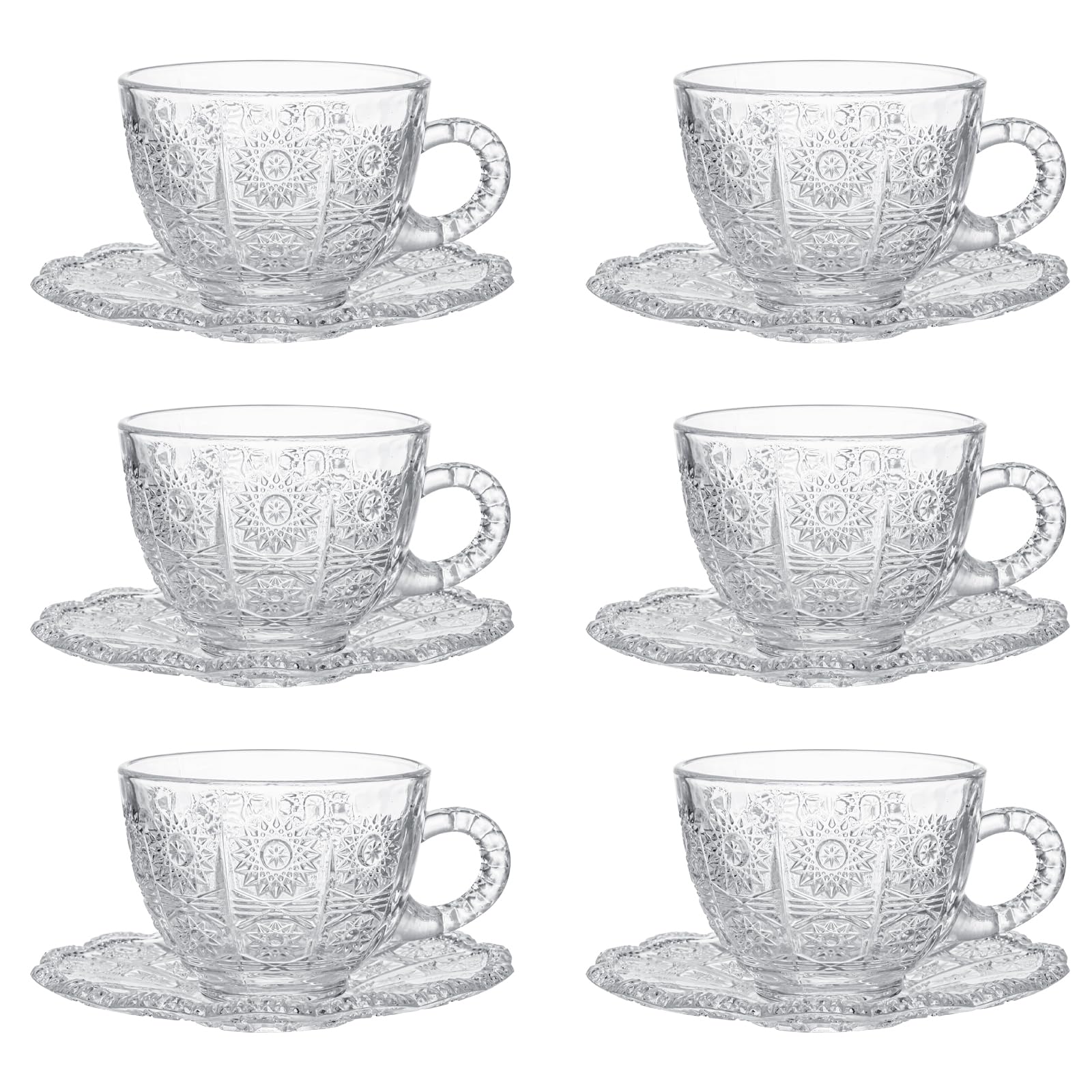 Photo 1 of GURUDAR Glass Teacups and Saucers Set of 6, Vintage Coffee Mugs with Stainless Steel Spoon, Dishwasher & Microwave Safe Teacups for Espresso Cappuccino Latte Tea Juice, 7OZ/210ML, Clear