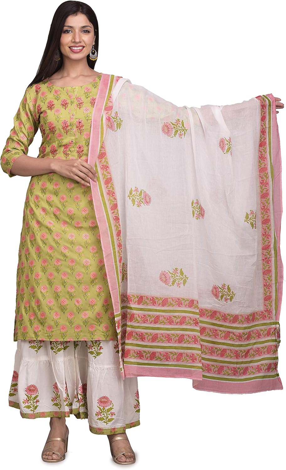 Buy Floral Straight Kurta Sharara Set with Mirror Work at Amazon.in