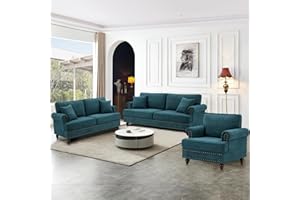 DEOLME Mid Century Modern Sofa Set, 22" Extra Deep Seat juegos de muebles de sala Comfy Chenille Upholstered Living Room Furniture Sets with Rolled Arms Nailhead Trim (Lake Green, 3 Pieces A)