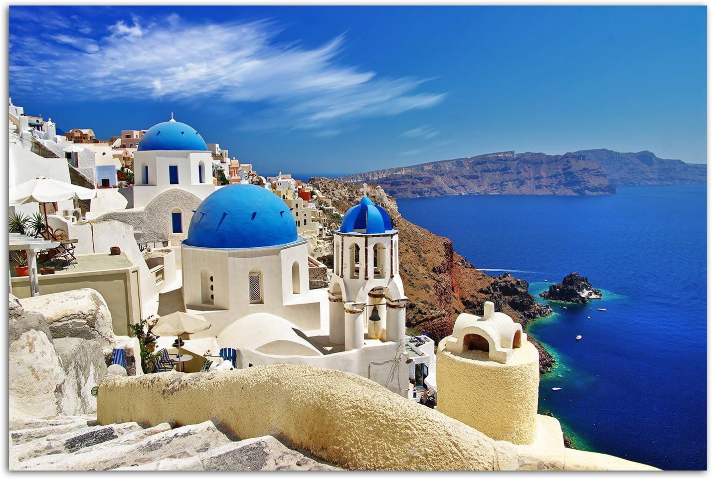 120 x 80 cm - photo printing on canvas and frame houses, Santorini Dom sea view, canvas picture on stretcher, modern style, images and decoration