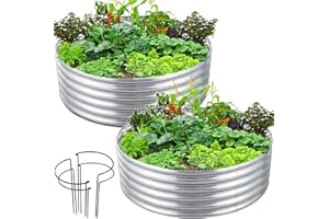 FORTUNO 2 Pcs 2 Ft Round Raised Garden Bed Box Galvanized Metal Outdoor Flower Bed Steel Patio Ground Planter for Planting Vegetables and Herbs, Silver