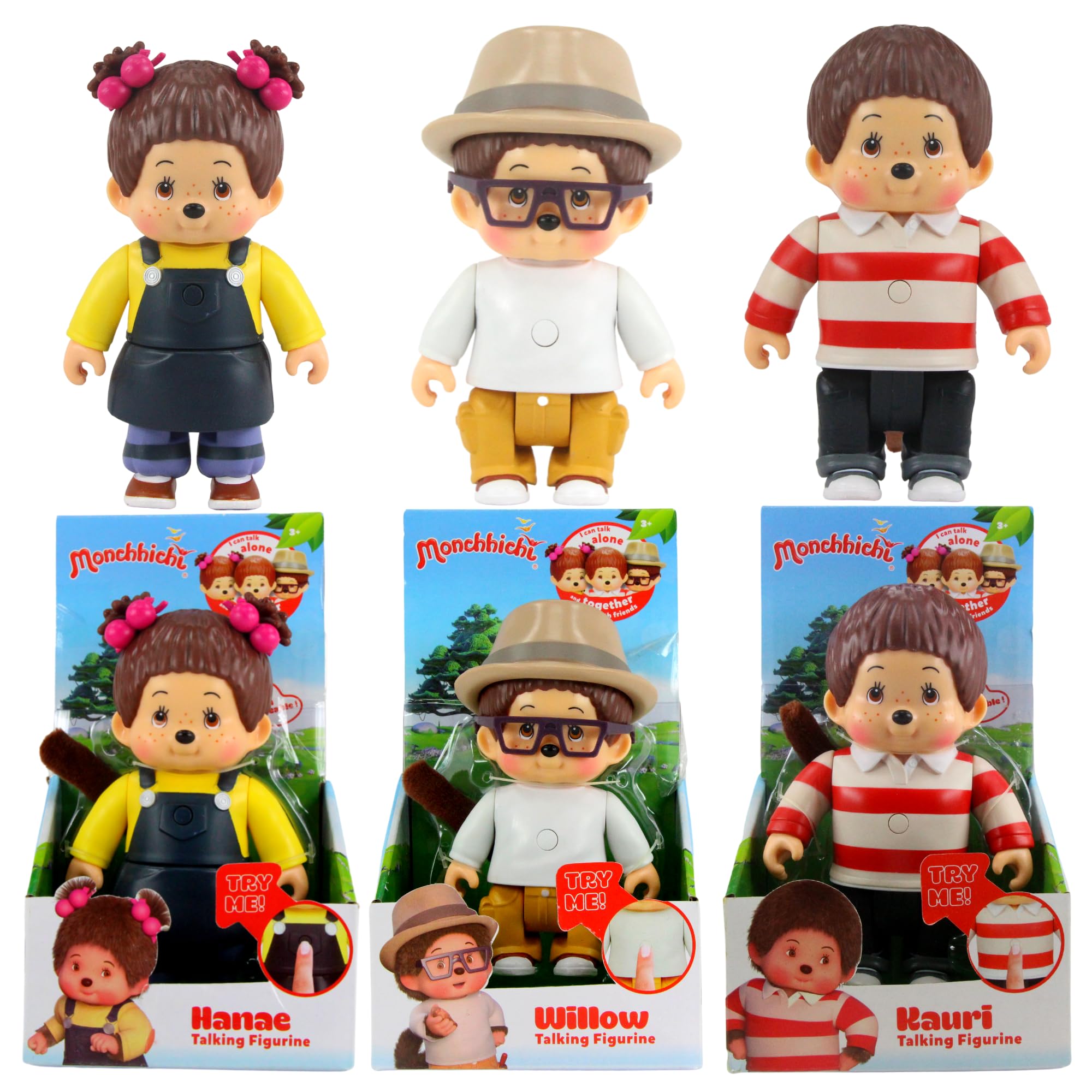 Photo 1 of Toptoys2u Bargain Bundles Monchhichi Pack of 3 Articulated Talking Figures - 5" 13cm Kauri, Hanae & Willow - Set of All 3-15 Phrases