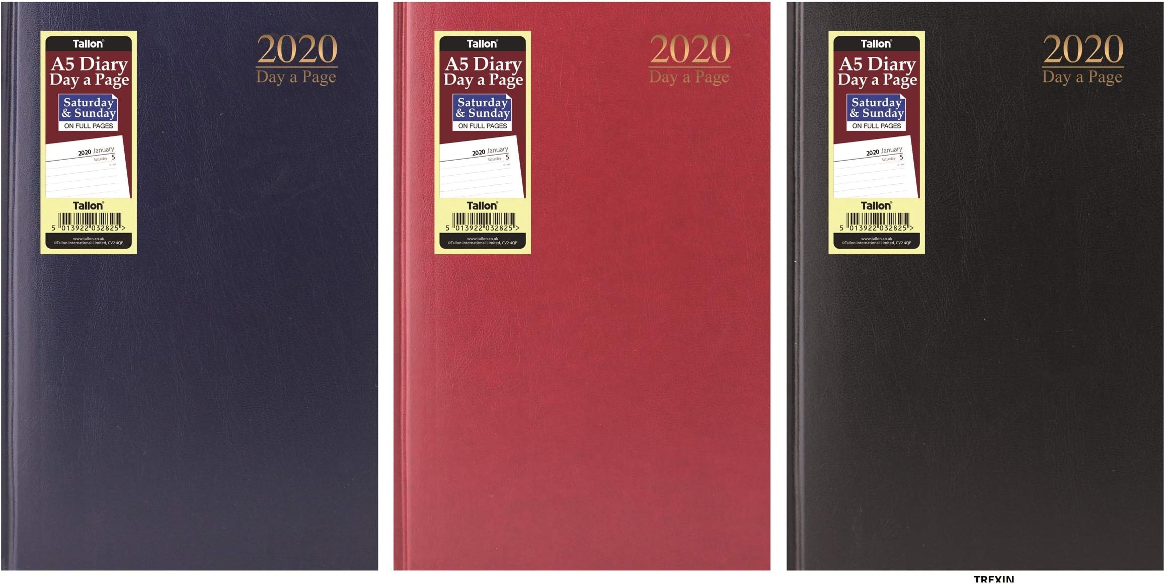 2022 A5 Diary Day A Page: Hardback with Full Page Saturday & Sunday Black/Blue/Red 3282 Trexin