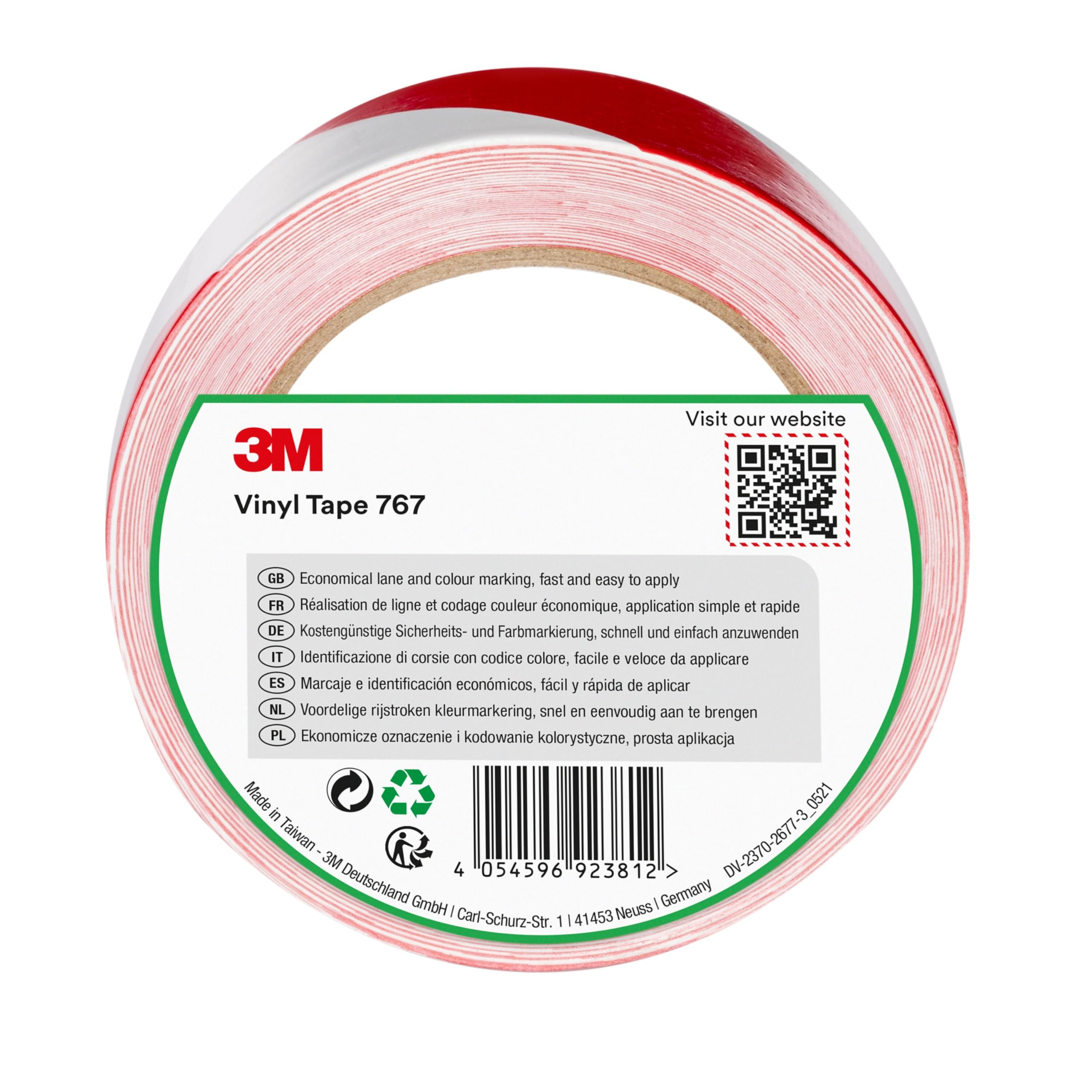 3M Hazard Marking Vinyl Tape 767i, 50 mm x 33 m, Red and White