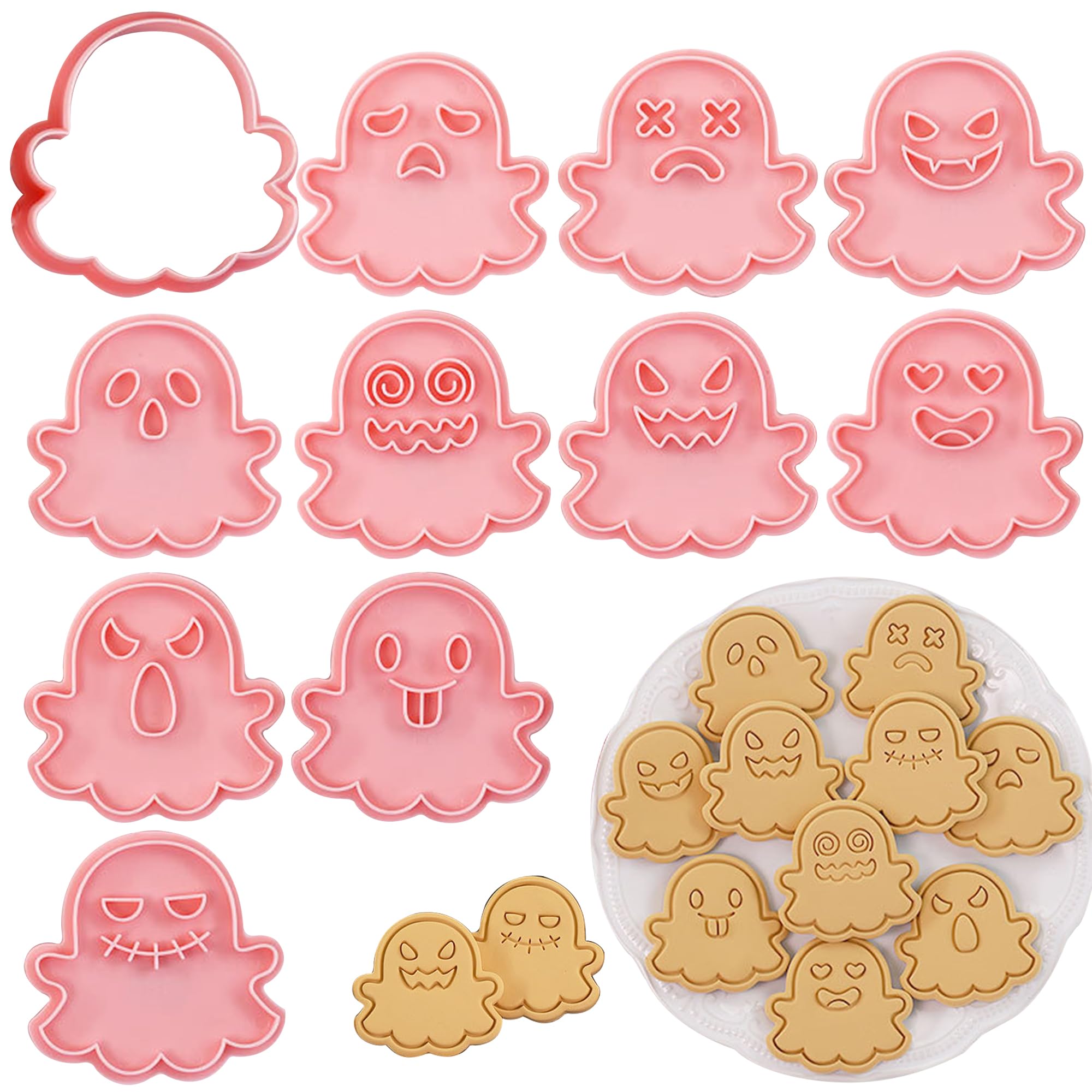 Photo 1 of 10-Piece 3D Halloween Cookie Cutter Set, Food-Grade Plastic Halloween Cookie Stamps, Pumpkin & Ghost Expressions Cookie Molds, Cookie Cutters Mold for Spooky Cookies Baking for Kids & Parties (Ghost)