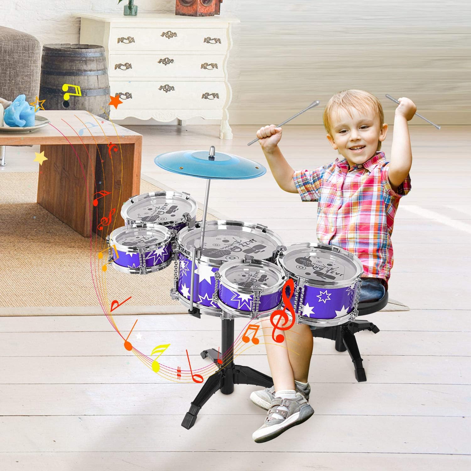 sanlinkee Kids Drum Kit, 5 Piece Jazz Drum Set with Stool Musical ...
